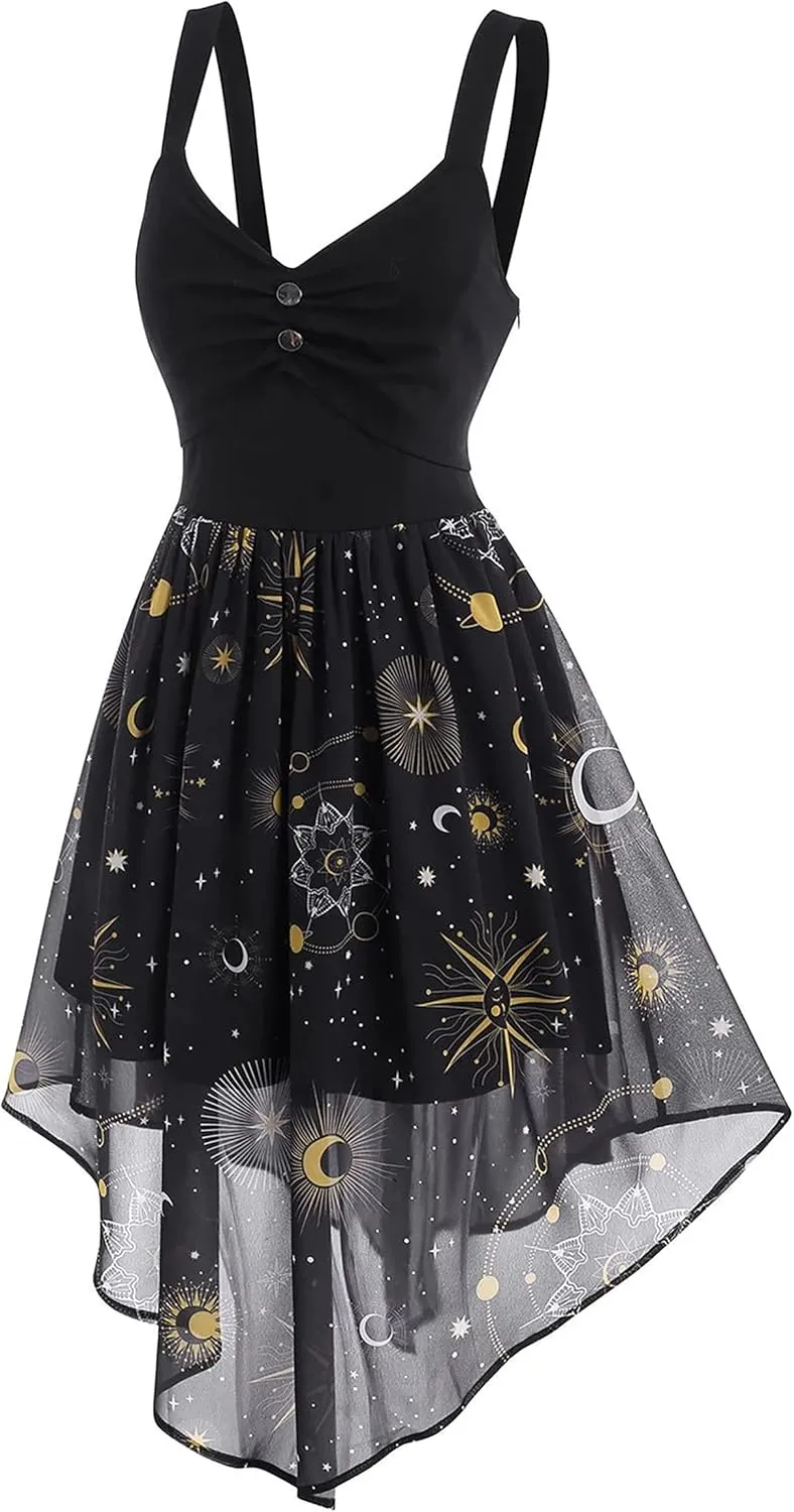 FEAPHY Women's Vintage Chiffon Sun Moon Star Sleeveless A-Line High Low Dress