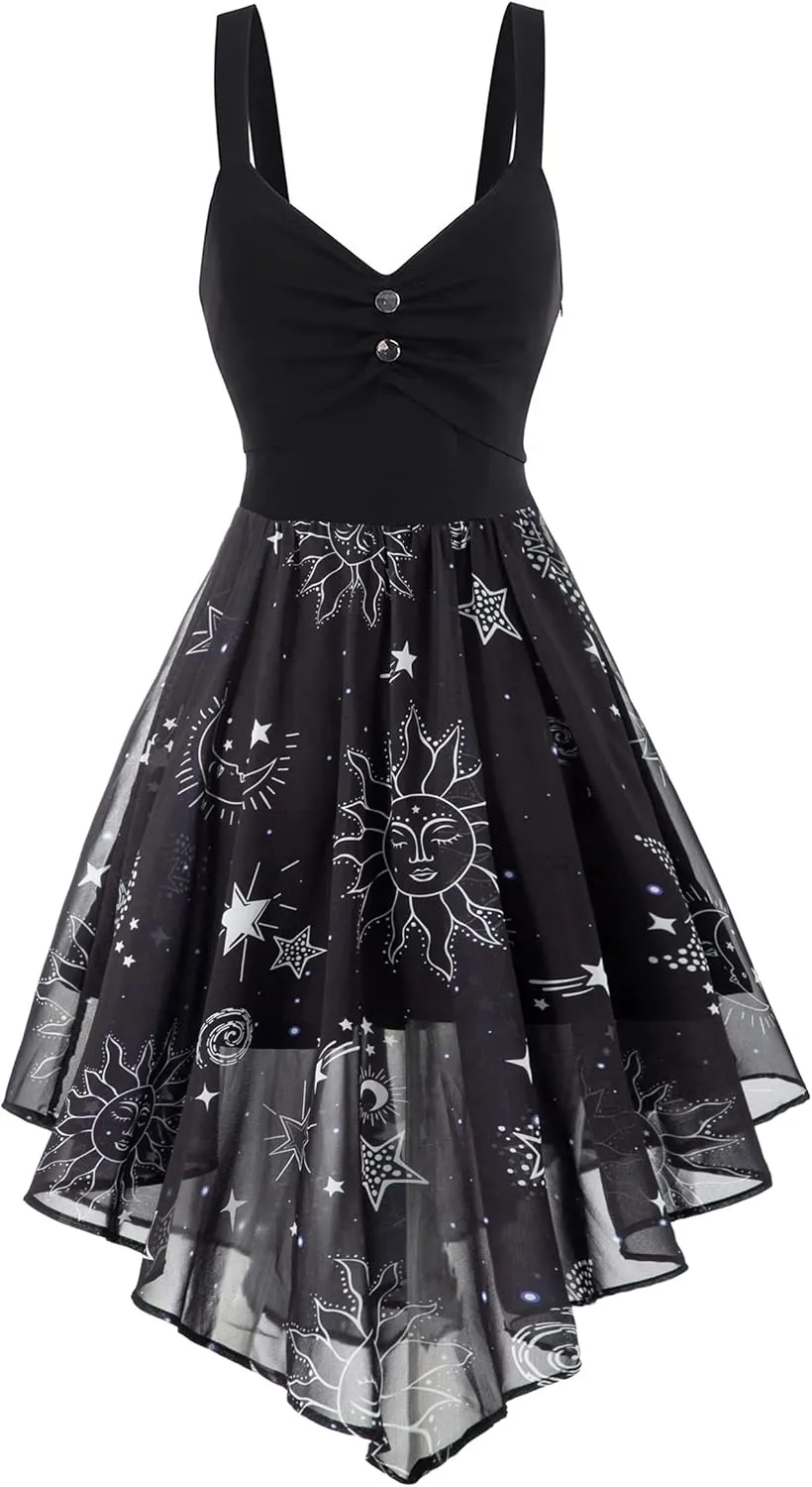 FEAPHY Women's Vintage Chiffon Sun Moon Star Sleeveless A-Line High Low Dress