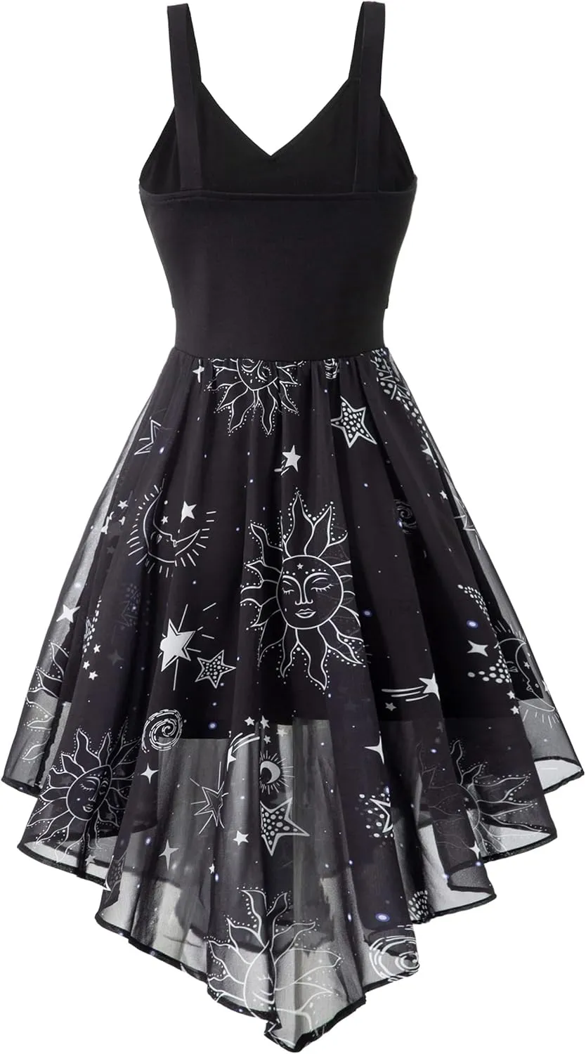 FEAPHY Women's Vintage Chiffon Sun Moon Star Sleeveless A-Line High Low Dress