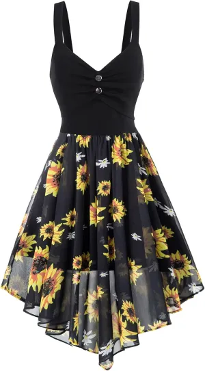 FEAPHY Women's Vintage Chiffon Sun Moon Star Sleeveless A-Line High Low Dress