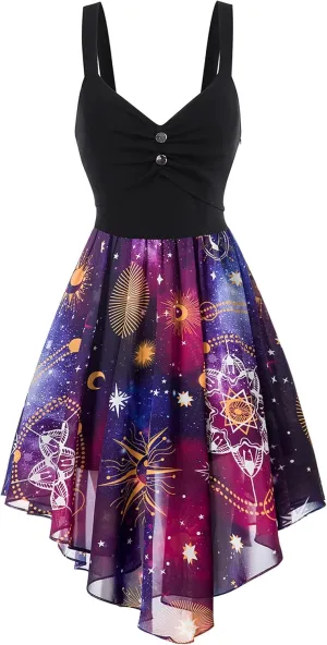 FEAPHY Women's Vintage Chiffon Sun Moon Star Sleeveless A-Line High Low Dress