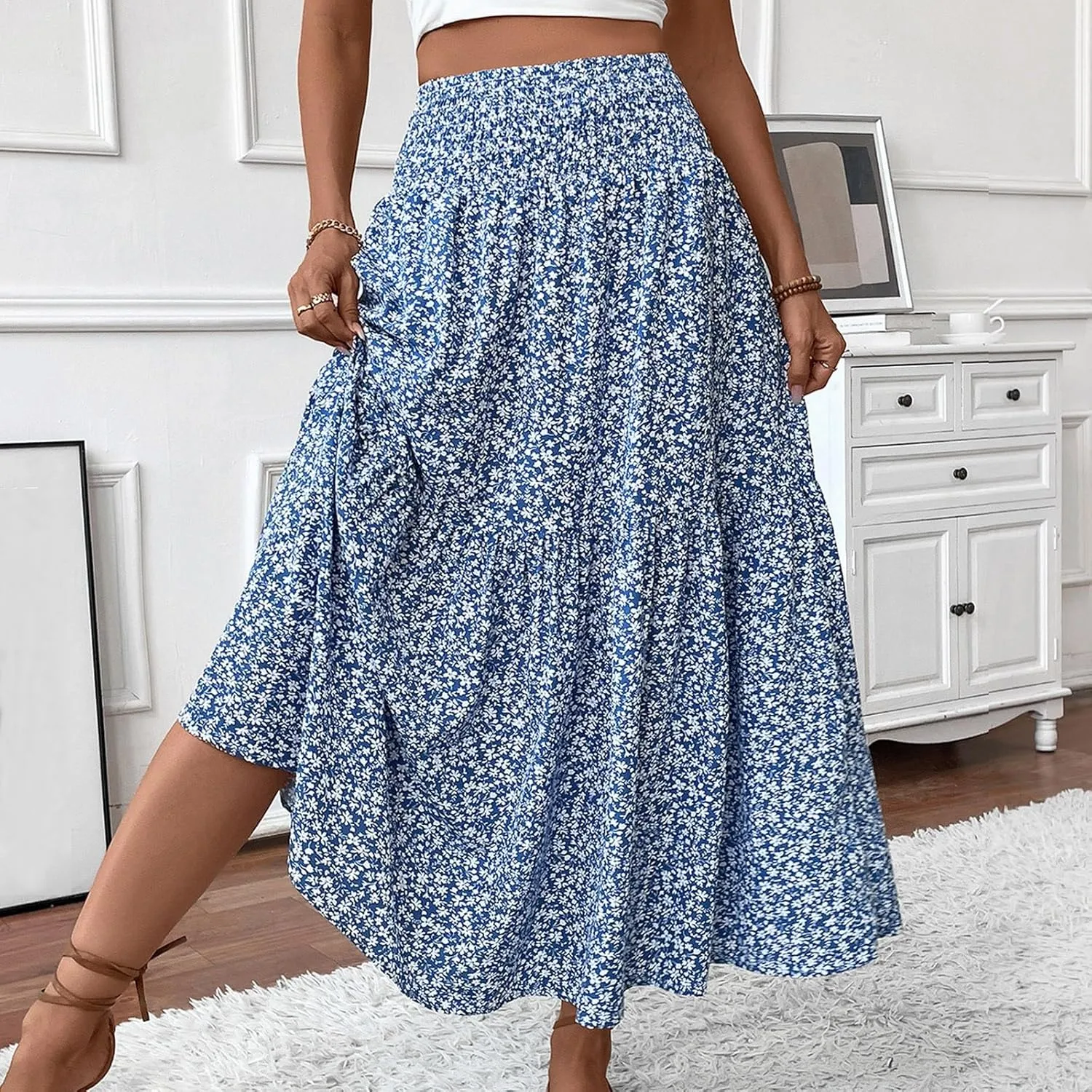 Floral Maxi Skirts for Women Trendy Summer Casual Boho Long Flowy Skirt Smocked Elastic High Waisted A Line Skirt