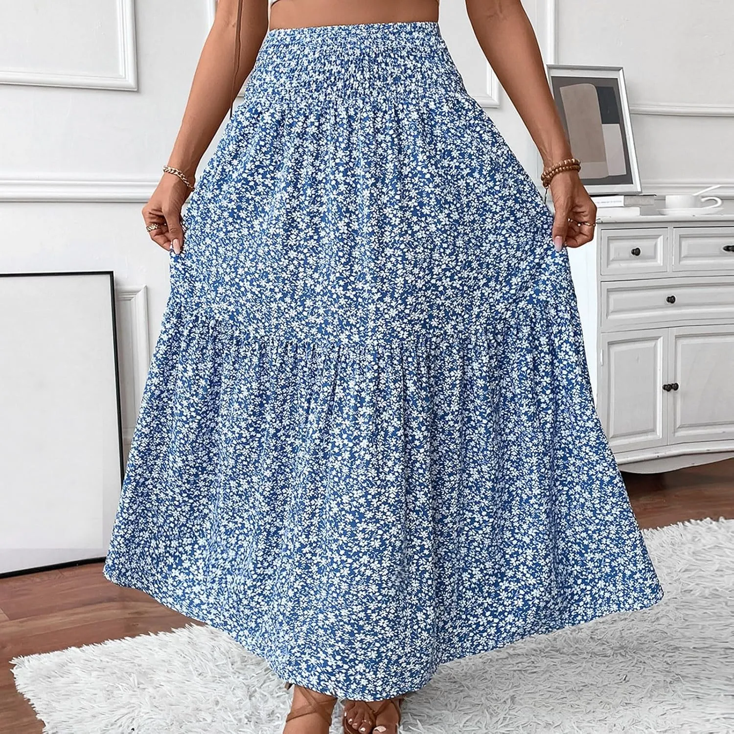 Floral Maxi Skirts for Women Trendy Summer Casual Boho Long Flowy Skirt Smocked Elastic High Waisted A Line Skirt