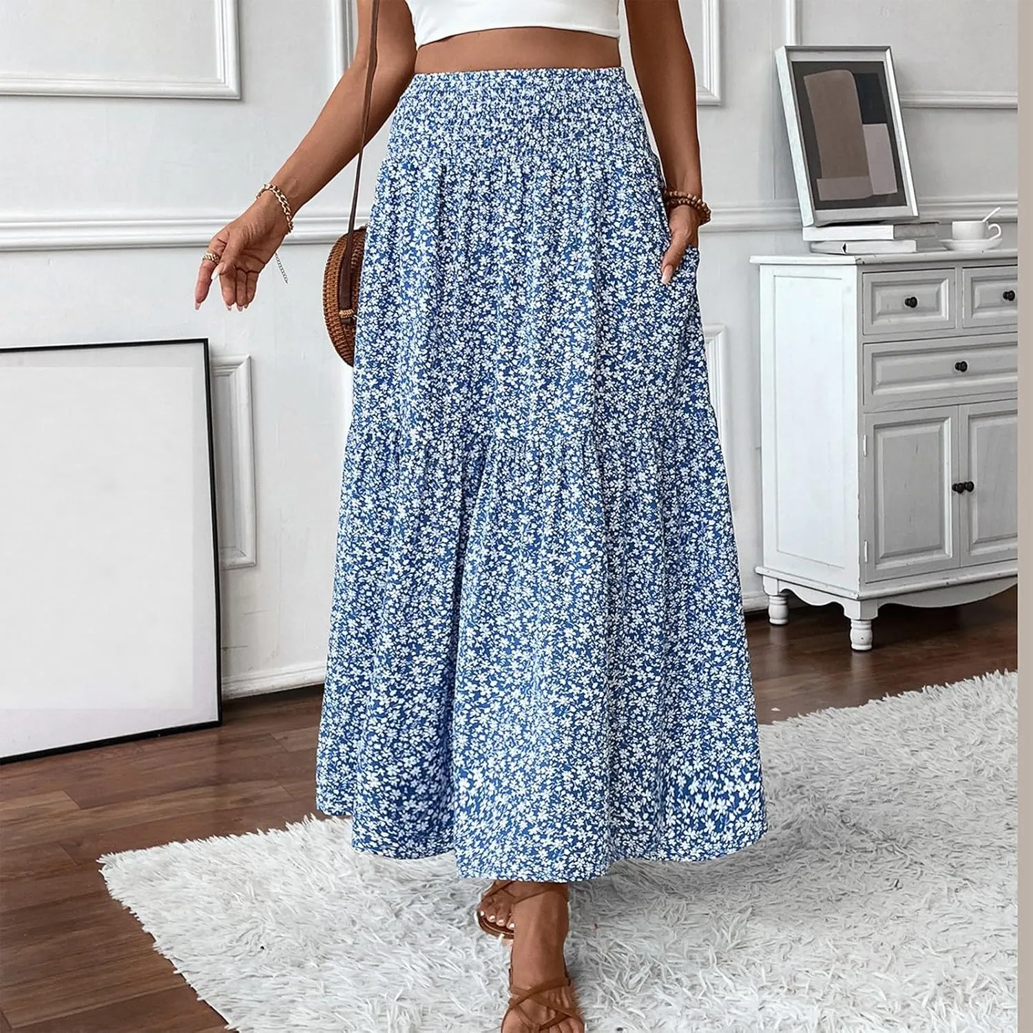 Floral Maxi Skirts for Women Trendy Summer Casual Boho Long Flowy Skirt Smocked Elastic High Waisted A Line Skirt