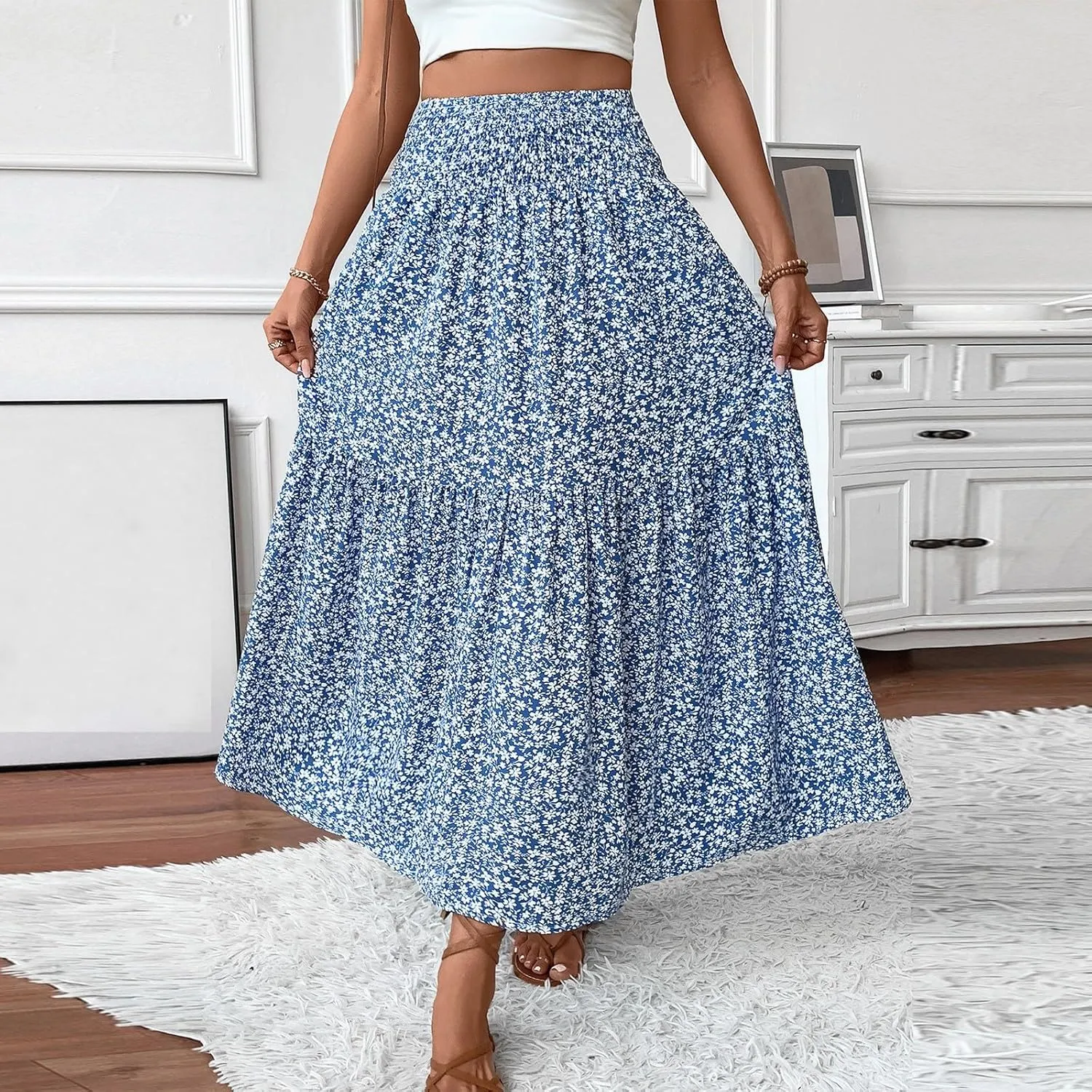 Floral Maxi Skirts for Women Trendy Summer Casual Boho Long Flowy Skirt Smocked Elastic High Waisted A Line Skirt