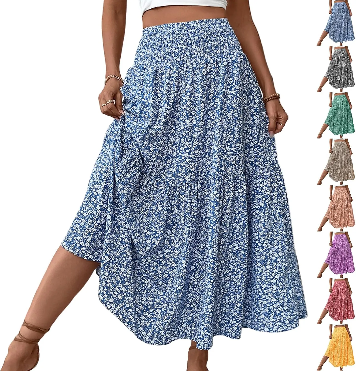 Floral Maxi Skirts for Women Trendy Summer Casual Boho Long Flowy Skirt Smocked Elastic High Waisted A Line Skirt