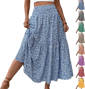 Floral Maxi Skirts for Women Trendy Summer Casual Boho Long Flowy Skirt Smocked Elastic High Waisted A Line Skirt