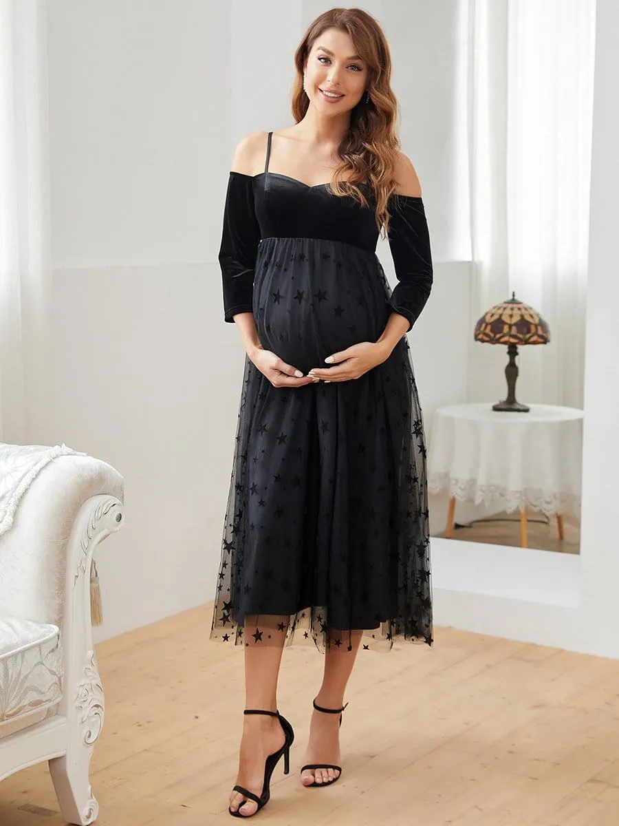 Formal Cold Shoulder 3/4 Sleeve Midi Maternity Dress