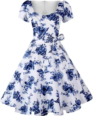 GOOBGS Women's 1950s Vintage Puff Sleeves Cocktail Rockabilly Swing Retro Dress with Pockets New