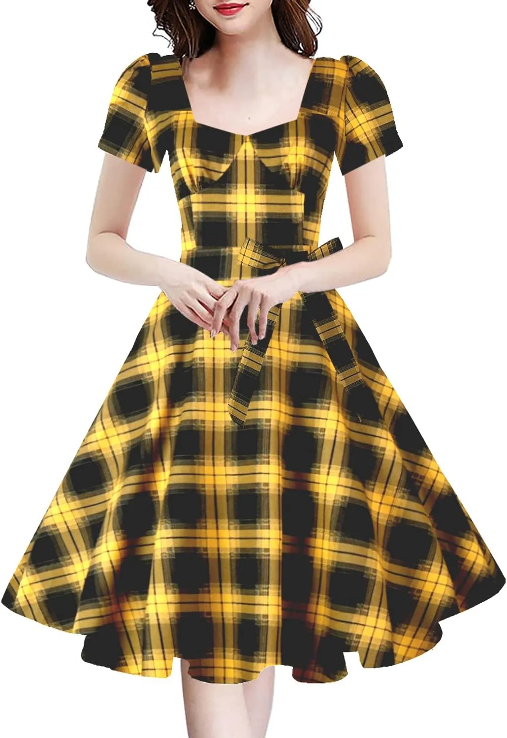 GOOBGS Women's 1950s Vintage Puff Sleeves Cocktail Rockabilly Swing Retro Dress with Pockets New