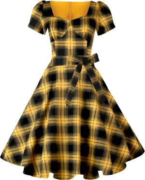 GOOBGS Women's 1950s Vintage Puff Sleeves Cocktail Rockabilly Swing Retro Dress with Pockets New