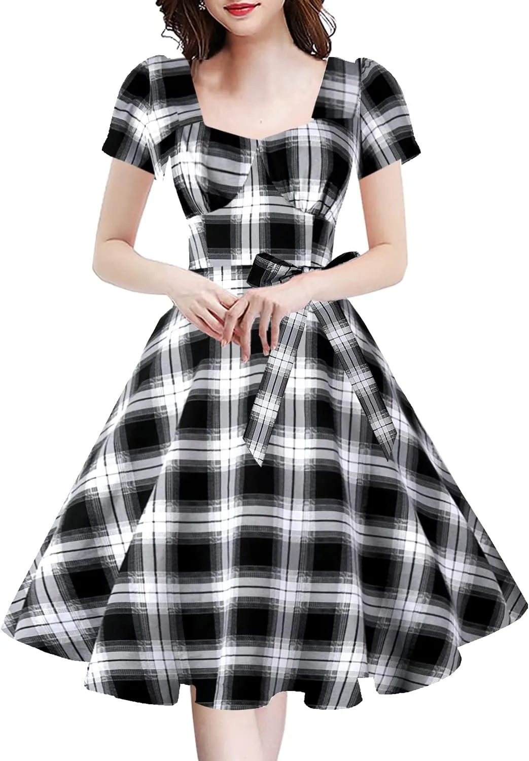 GOOBGS Women's 1950s Vintage Puff Sleeves Cocktail Rockabilly Swing Retro Dress with Pockets New