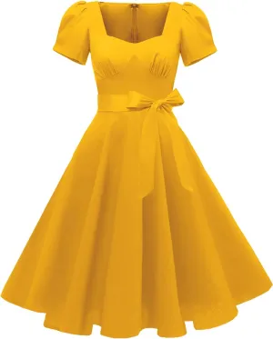 GOOBGS Women's 1950s Vintage Puff Sleeves Cocktail Rockabilly Swing Retro Dress with Pockets New