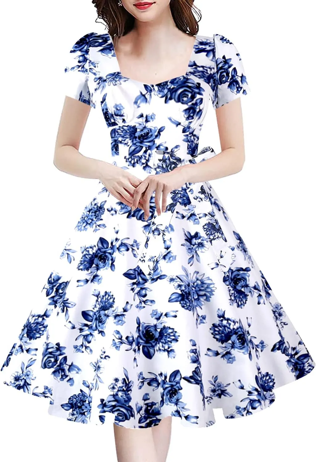 GOOBGS Women's 1950s Vintage Puff Sleeves Cocktail Rockabilly Swing Retro Dress with Pockets New