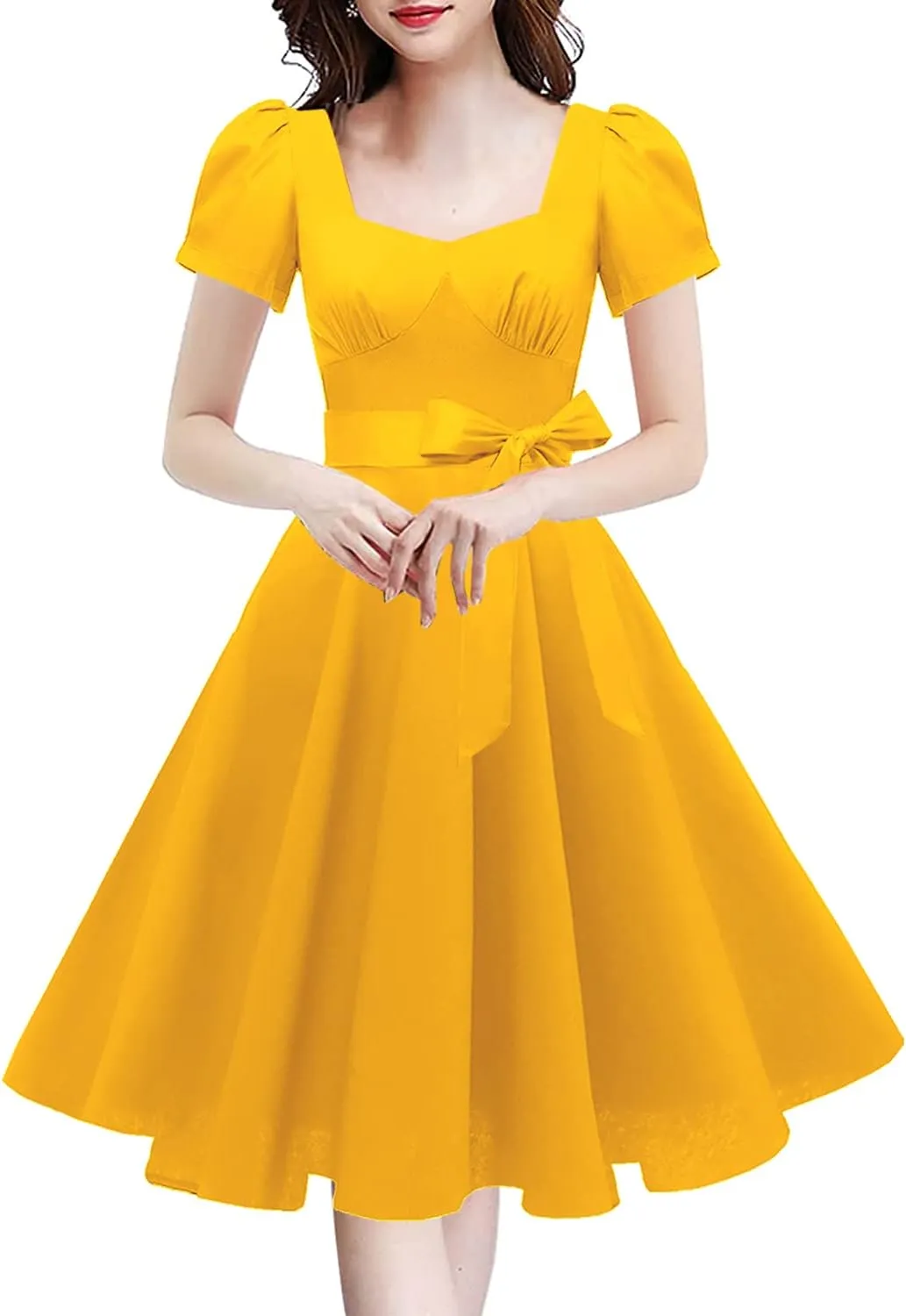 GOOBGS Women's 1950s Vintage Puff Sleeves Cocktail Rockabilly Swing Retro Dress with Pockets New