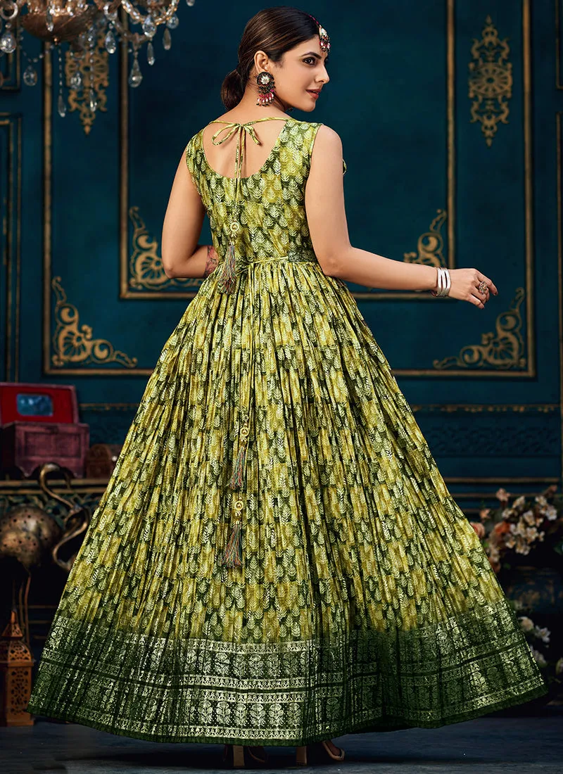Green Printed Traditional Anarkali Gown