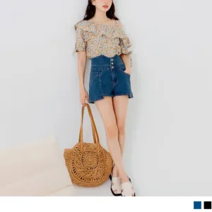 HIGH WAIST BUTTONS PATCHED DENIM SHORTS