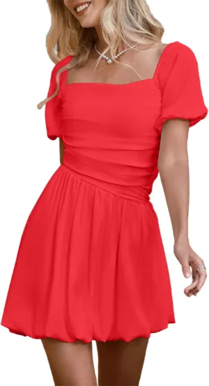 HYPERFIRE Women's Square Neck Short Puff Sleeve Bubble Dress Smocked Ruched Dresses Casual Wear