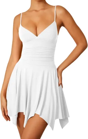 Memoriesea Women's Sexy V Neck Sleeveless Spaghetti Strap Mini Club Party Slip Dress