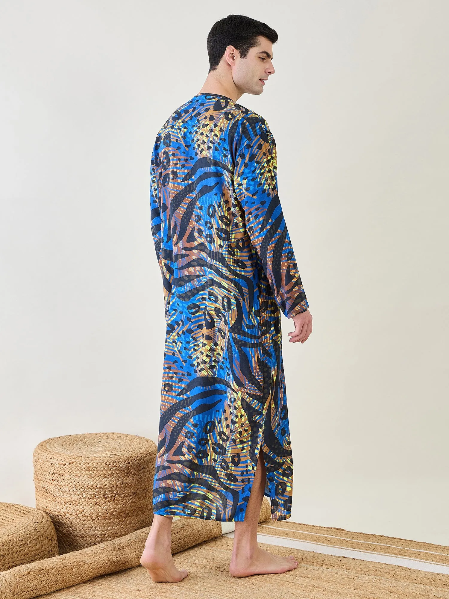 Mens Animal Printed Blue Kaftan Robe