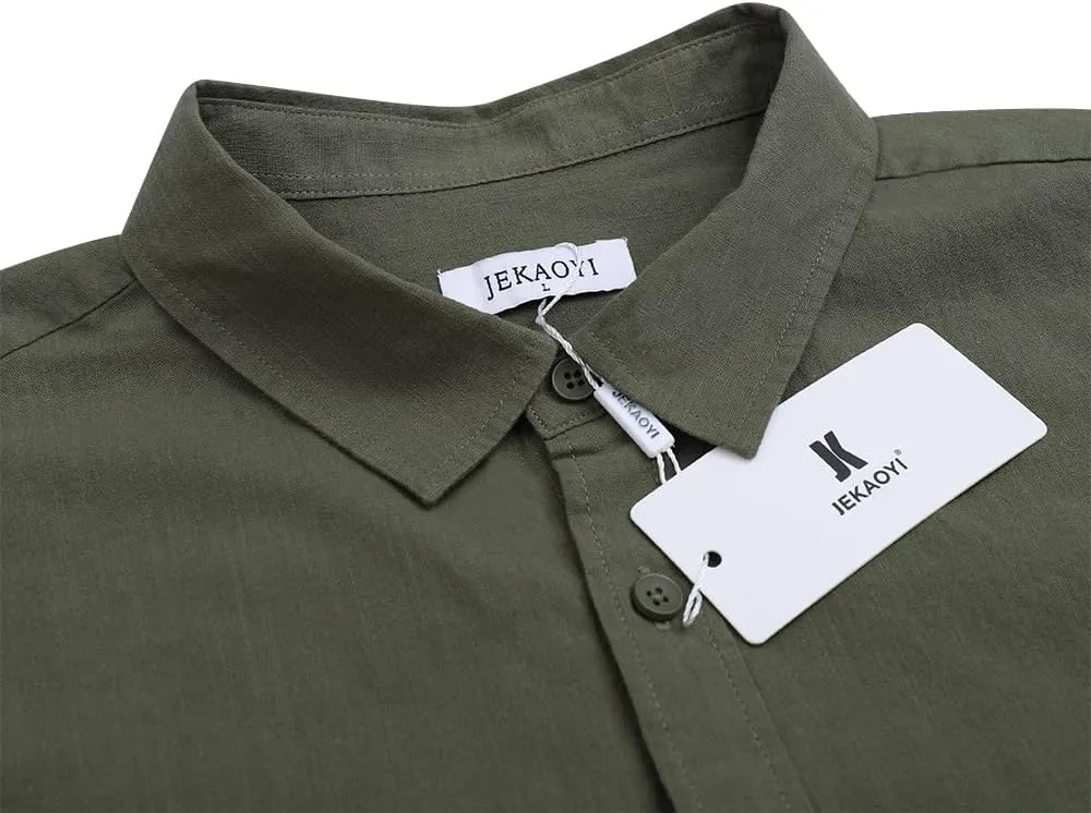 Mens Casual Long Sleeve Cotton Linen Shirts Buttons Down Solid Plain Roll-Up Sleeve Summer Beach Shirts