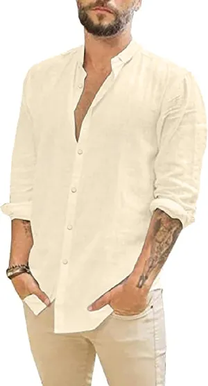 Mens Casual Long Sleeve Cotton Linen Shirts Buttons Down Solid Plain Roll-Up Sleeve Summer Beach Shirts