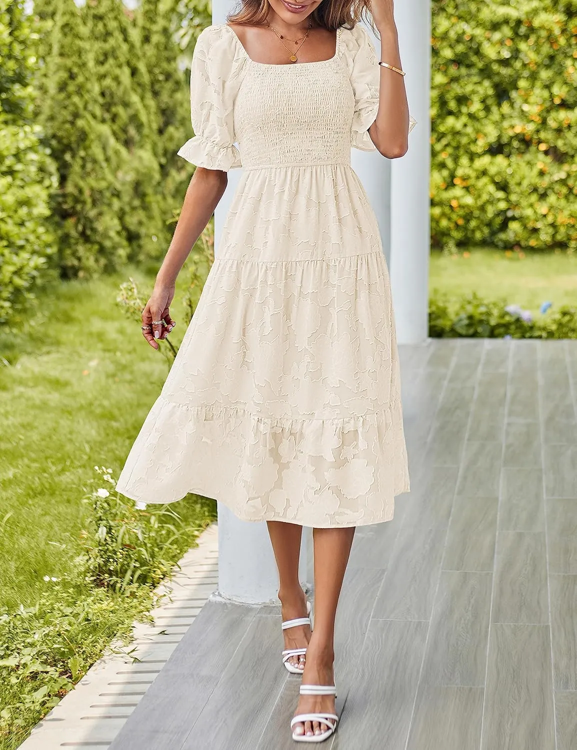 MEROKEETY Womens 2025 Summer Short Puff Sleeve Smocked Square Neck Floral Textured Tiered Midi Dress