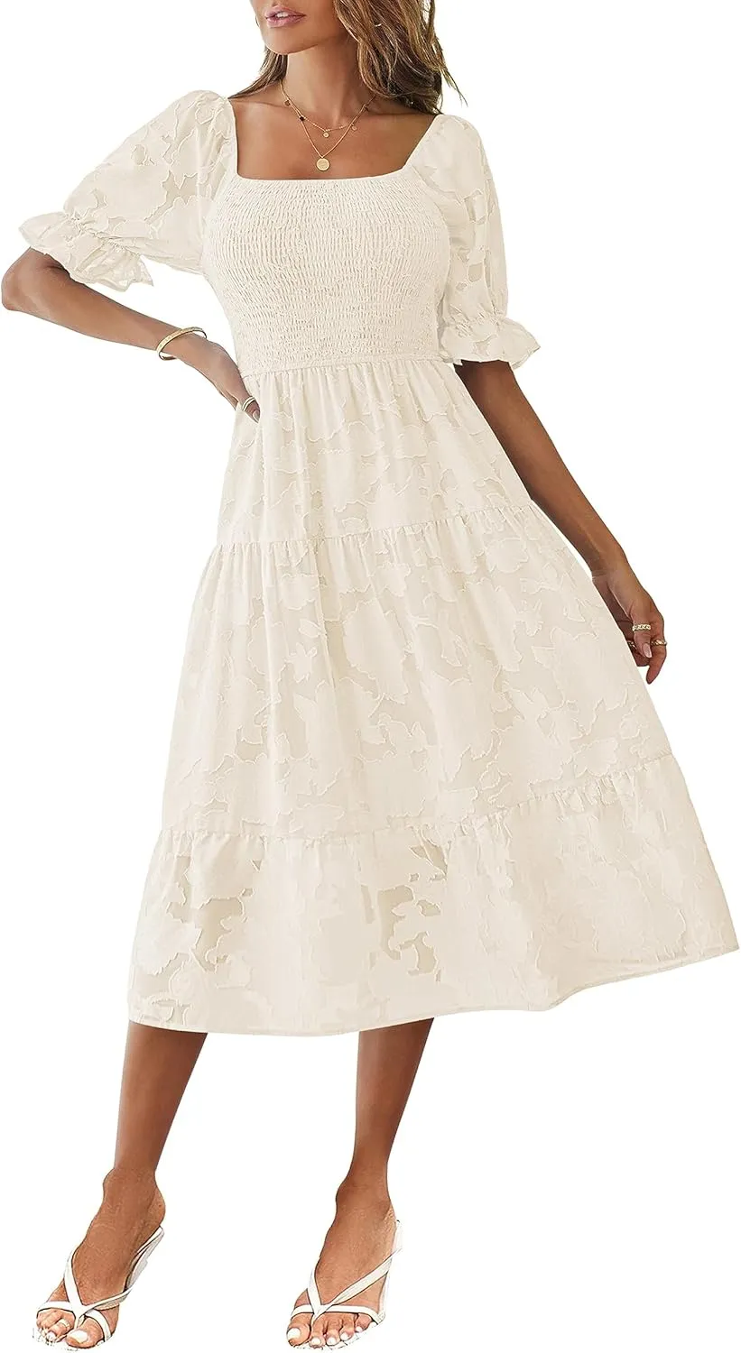 MEROKEETY Womens 2025 Summer Short Puff Sleeve Smocked Square Neck Floral Textured Tiered Midi Dress