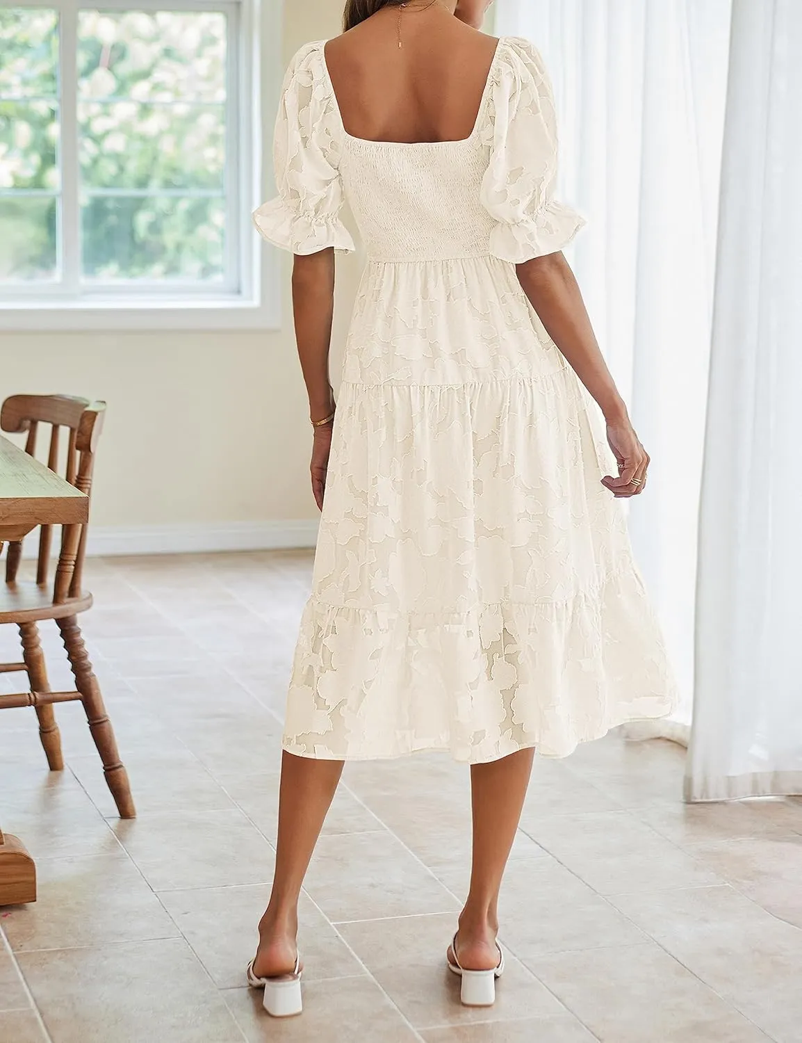 MEROKEETY Womens 2025 Summer Short Puff Sleeve Smocked Square Neck Floral Textured Tiered Midi Dress