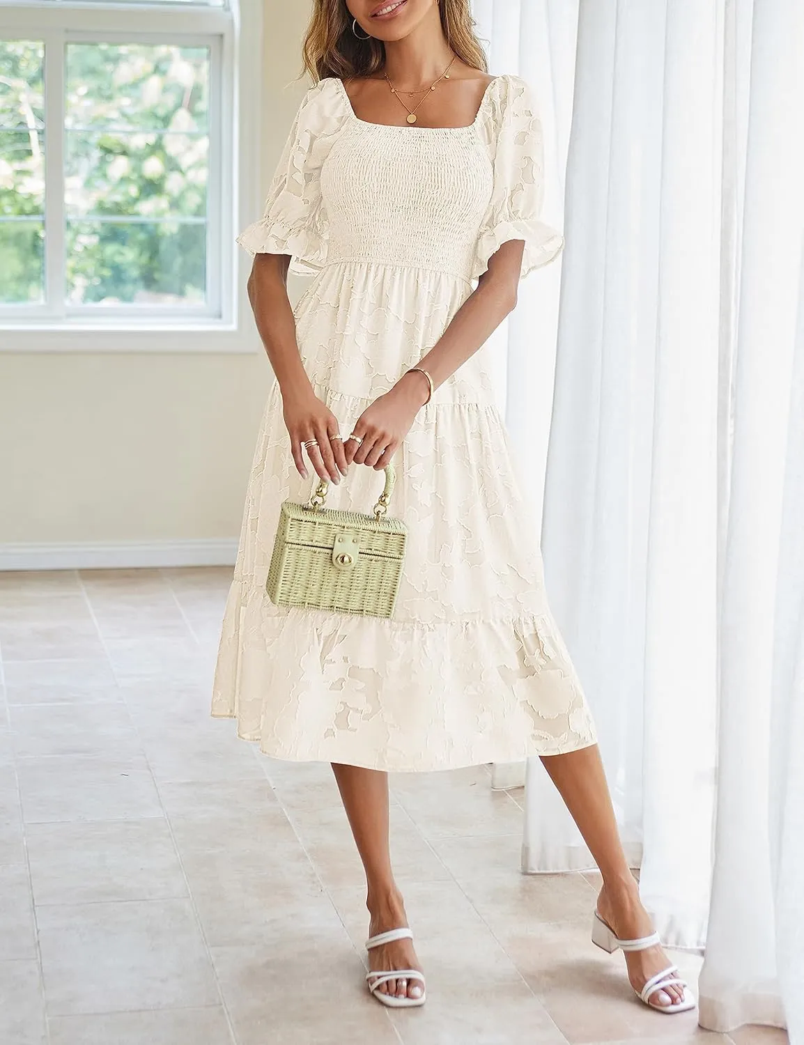 MEROKEETY Womens 2025 Summer Short Puff Sleeve Smocked Square Neck Floral Textured Tiered Midi Dress