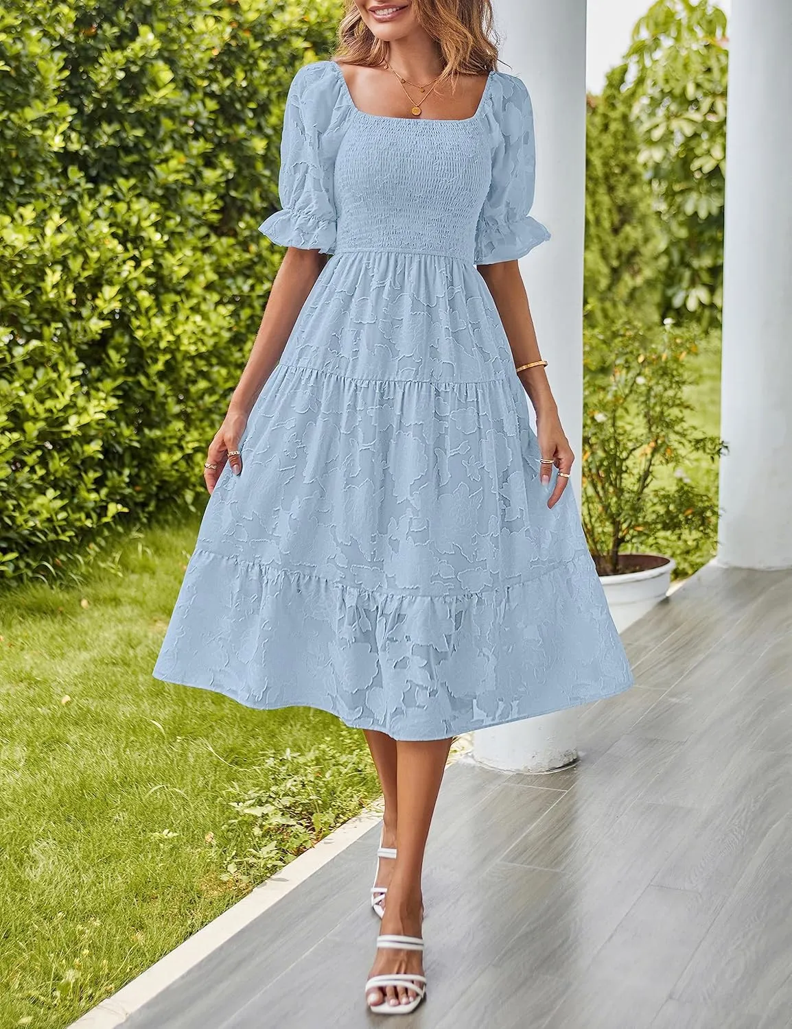 MEROKEETY Womens 2025 Summer Short Puff Sleeve Smocked Square Neck Floral Textured Tiered Midi Dress
