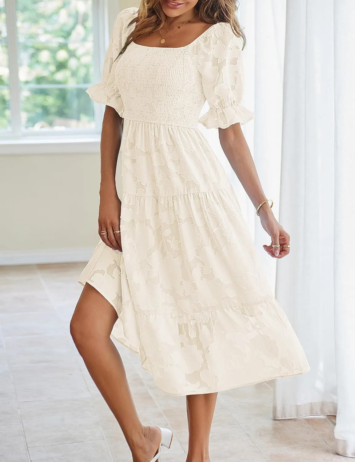 MEROKEETY Womens 2025 Summer Short Puff Sleeve Smocked Square Neck Floral Textured Tiered Midi Dress