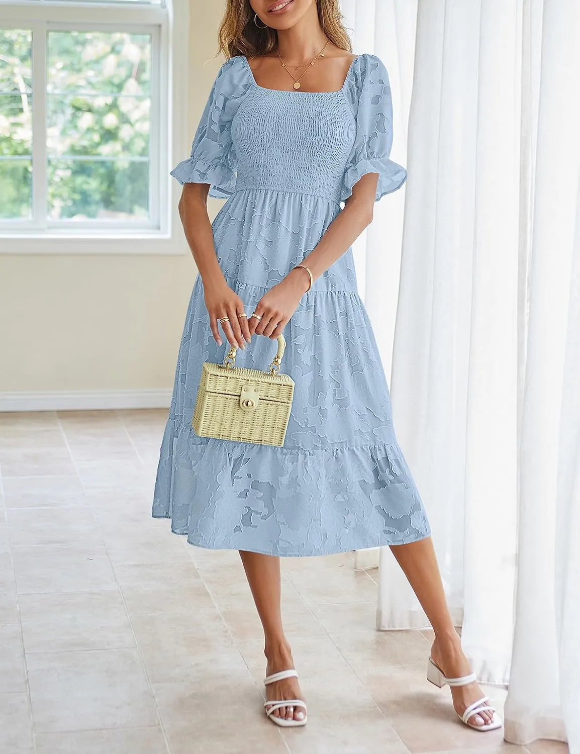 MEROKEETY Womens 2025 Summer Short Puff Sleeve Smocked Square Neck Floral Textured Tiered Midi Dress