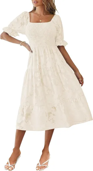 MEROKEETY Womens 2025 Summer Short Puff Sleeve Smocked Square Neck Floral Textured Tiered Midi Dress