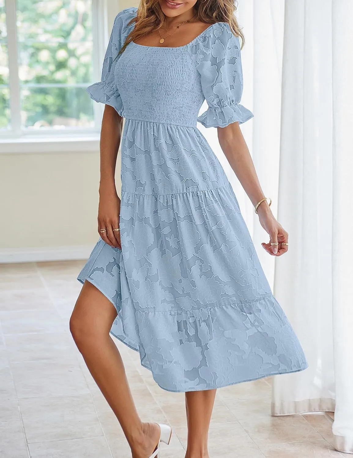MEROKEETY Womens 2025 Summer Short Puff Sleeve Smocked Square Neck Floral Textured Tiered Midi Dress