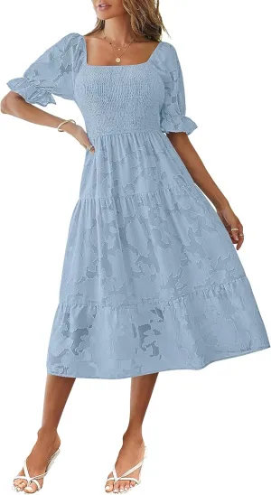 MEROKEETY Womens 2025 Summer Short Puff Sleeve Smocked Square Neck Floral Textured Tiered Midi Dress