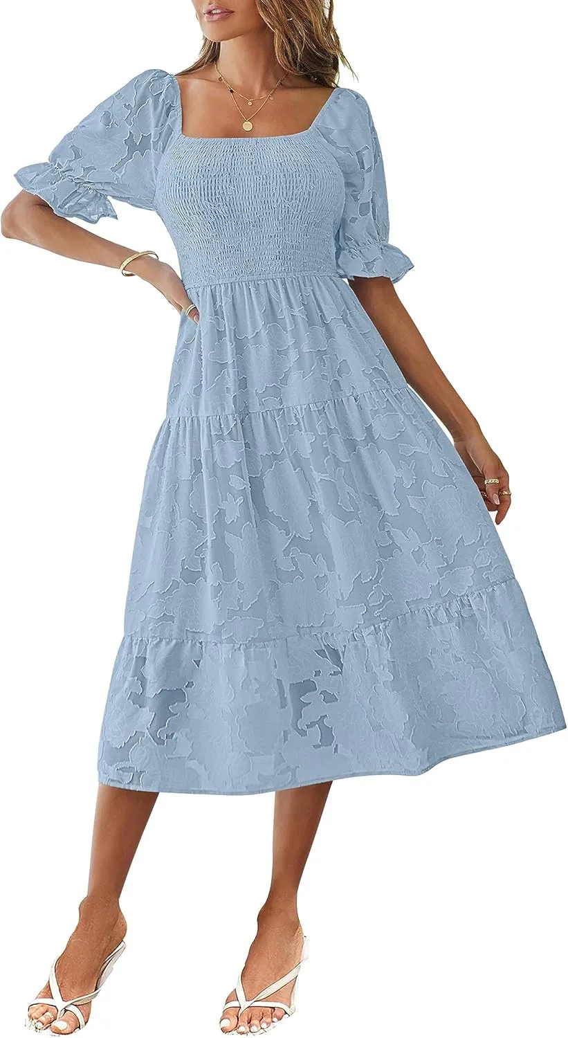 MEROKEETY Womens 2025 Summer Short Puff Sleeve Smocked Square Neck Floral Textured Tiered Midi Dress