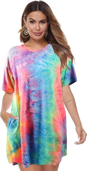 MOUSYA Women Tie Dye Dress Short Sleeve T Shirt Dress Summer Casual Loose Mini Dress with Pockets