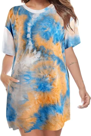 MOUSYA Women Tie Dye Dress Short Sleeve T Shirt Dress Summer Casual Loose Mini Dress with Pockets