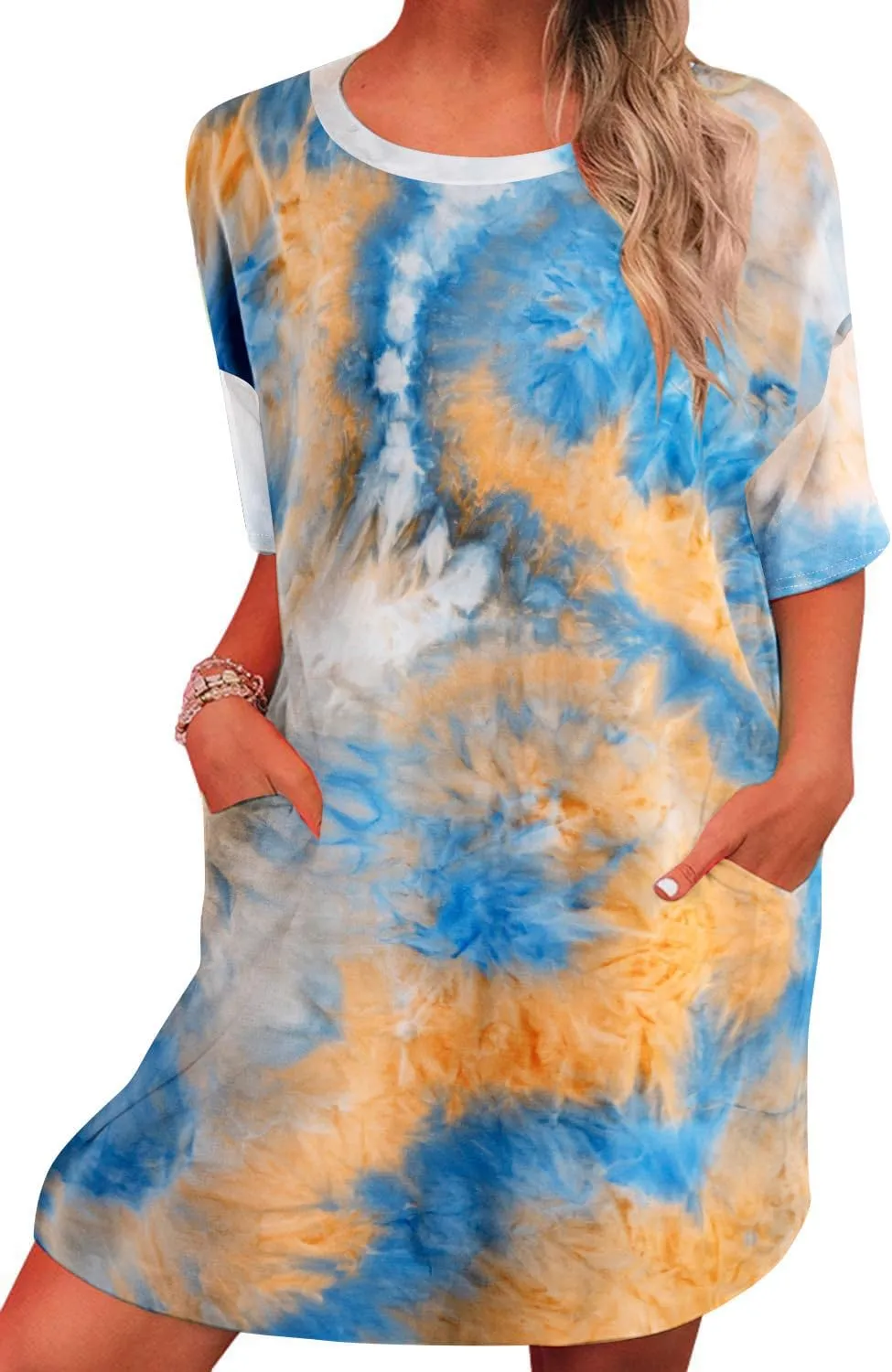 MOUSYA Women Tie Dye Dress Short Sleeve T Shirt Dress Summer Casual Loose Mini Dress with Pockets
