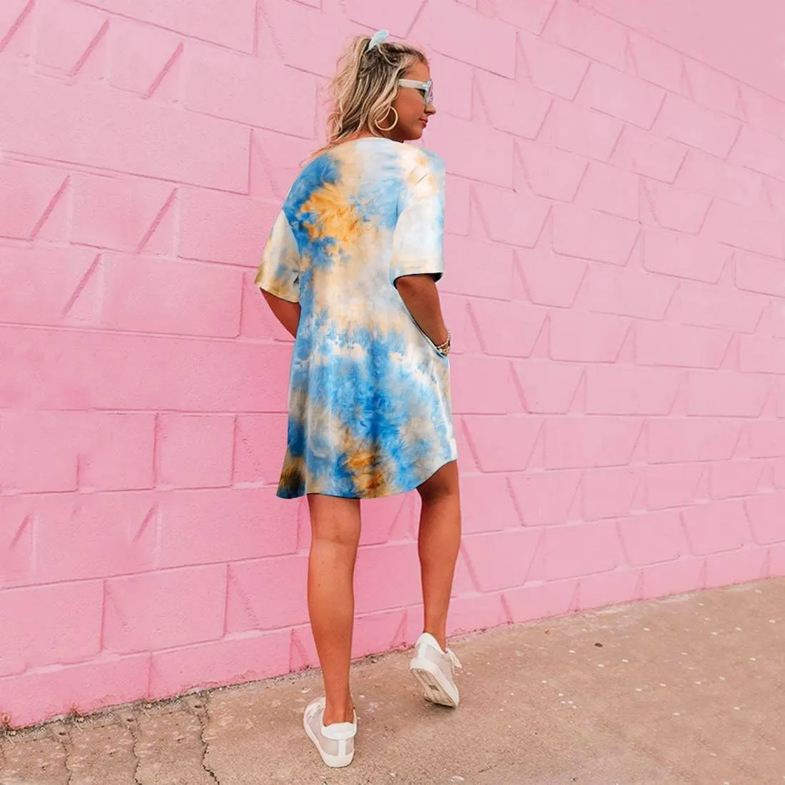 MOUSYA Women Tie Dye Dress Short Sleeve T Shirt Dress Summer Casual Loose Mini Dress with Pockets