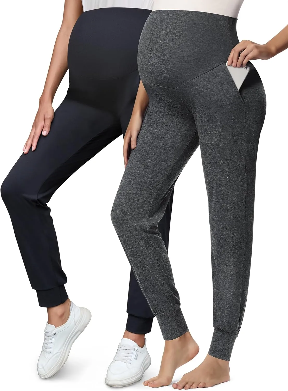 Peauty Buttery Soft Maternity Jogger Pants with Cuffed Tapered Legs, Over The Belly Design for Lounge & Active Wear
