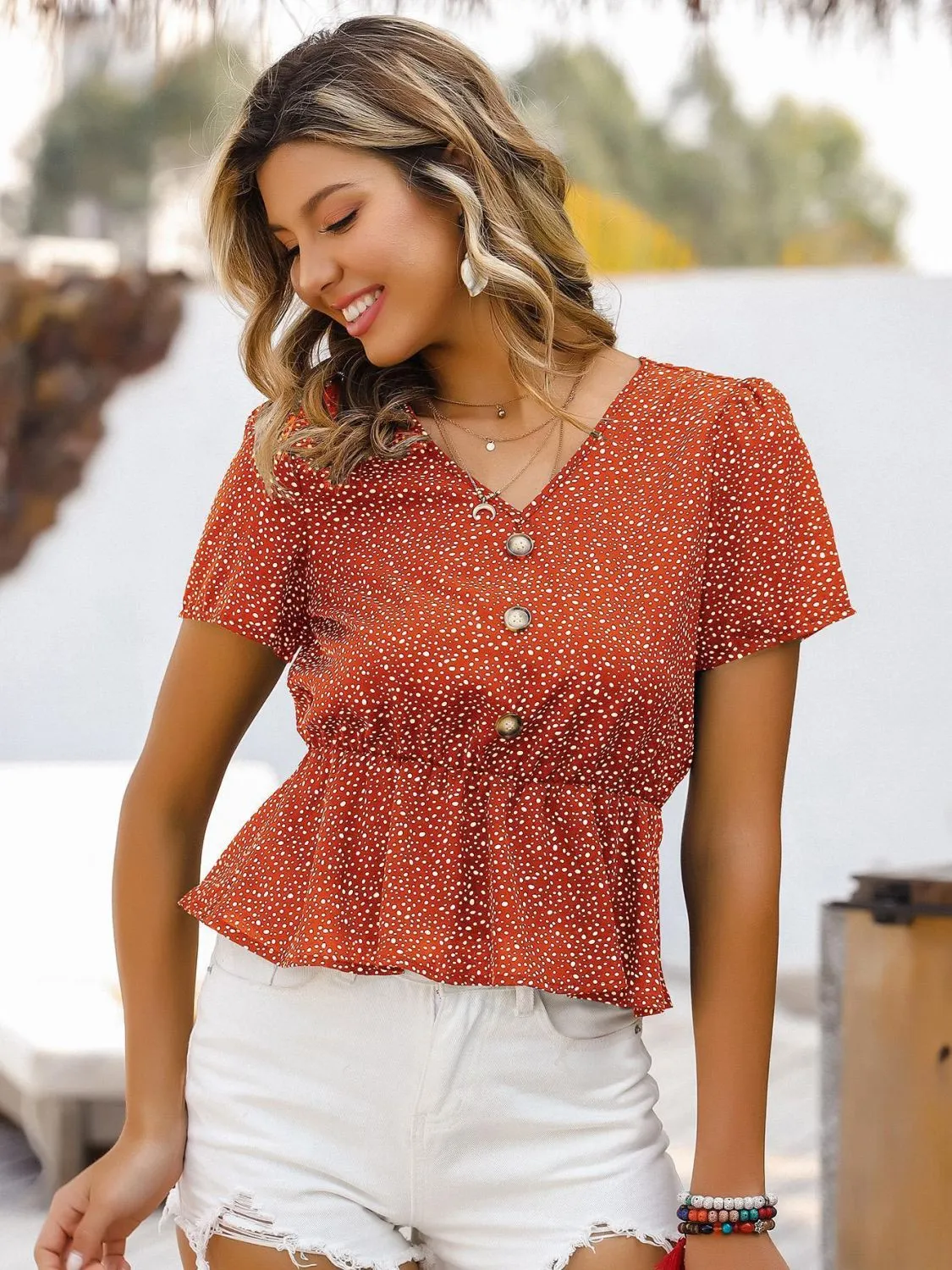 Printed V-Neck Decorative Button Blouse