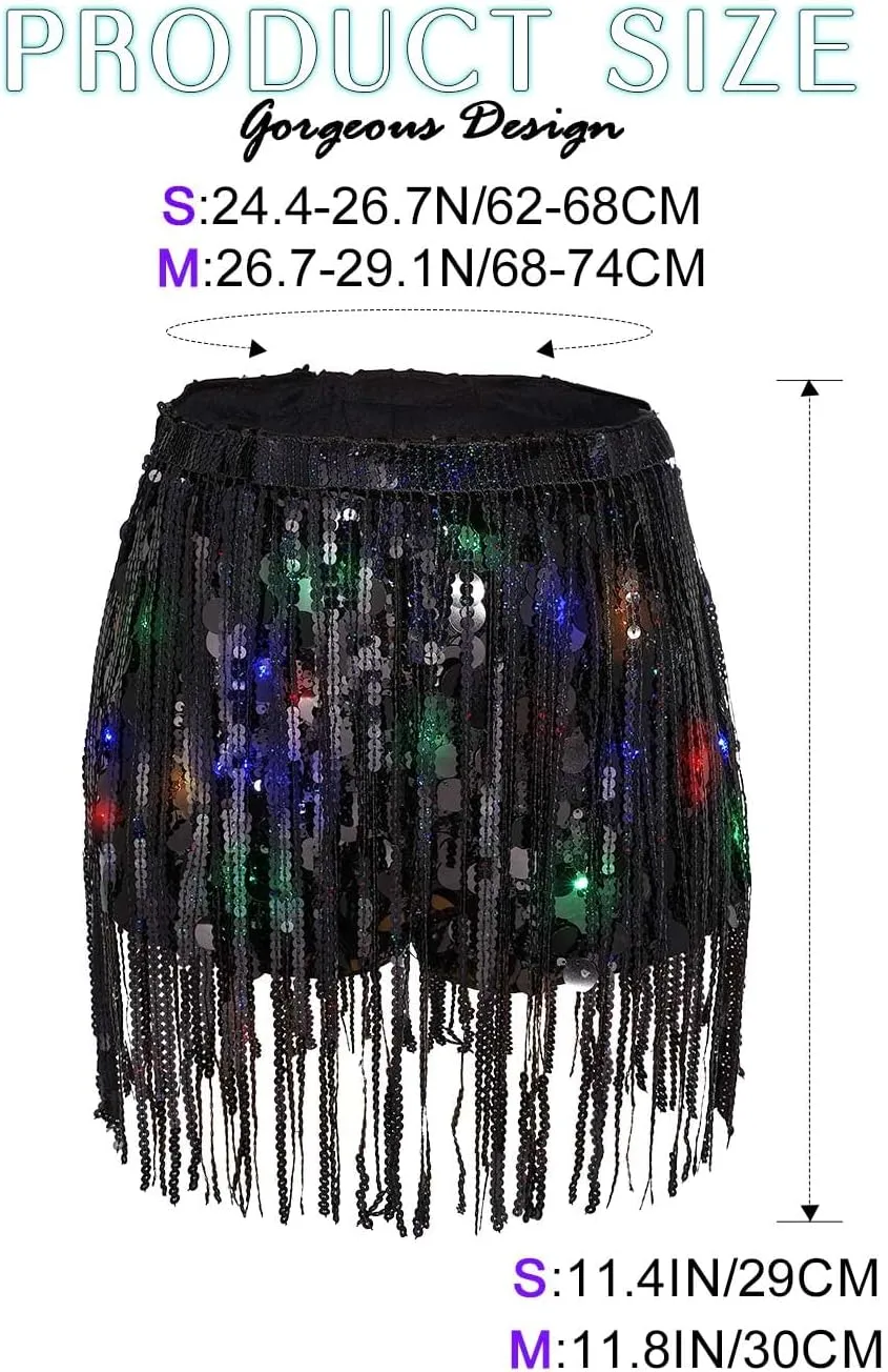 REETAN Light Up Sequin Skirt LED Fringe Rave Disco Bottoms for Women