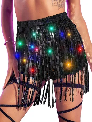 REETAN Light Up Sequin Skirt LED Fringe Rave Disco Bottoms for Women