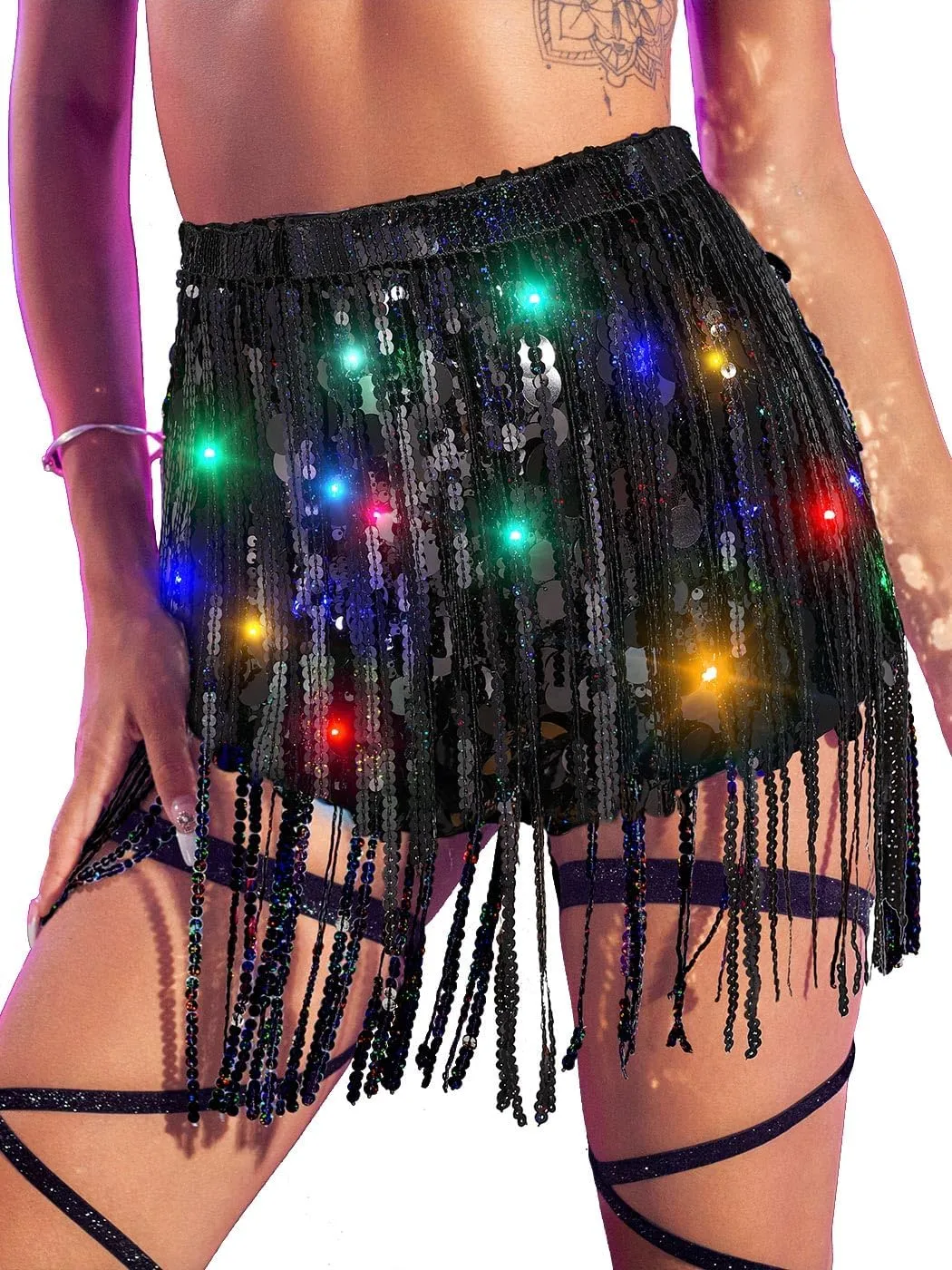 REETAN Light Up Sequin Skirt LED Fringe Rave Disco Bottoms for Women
