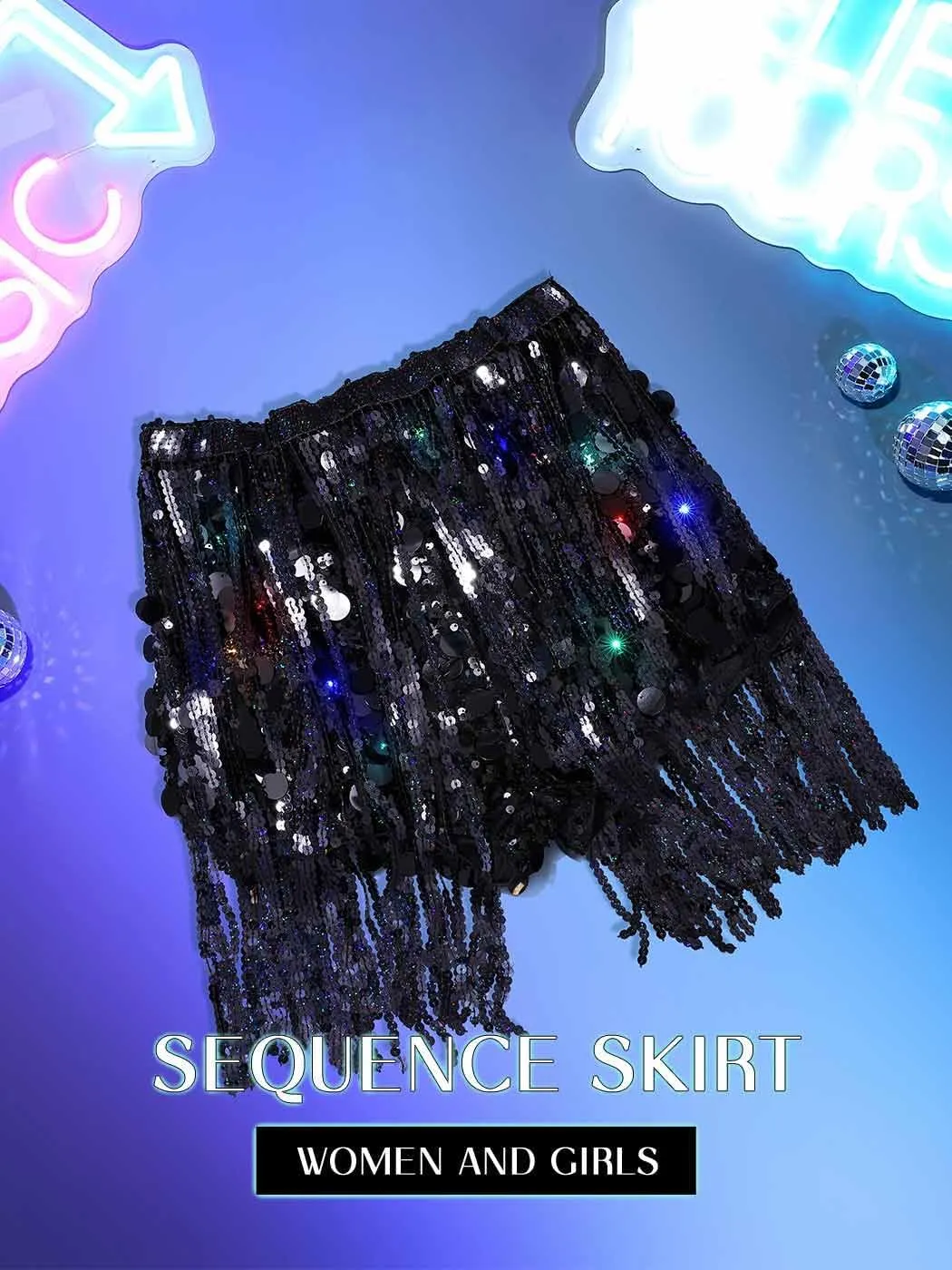 REETAN Light Up Sequin Skirt LED Fringe Rave Disco Bottoms for Women