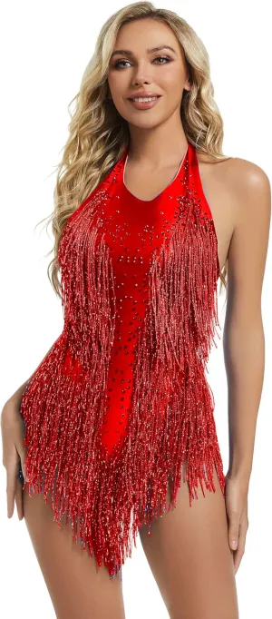 Rhinestones Fringe Skirt Bodysuit Women's Birthday Party Evening Costume Nightclub Dance Wear New Colored