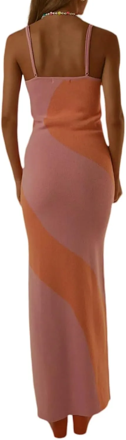 Sexy Knit Bodycon Dress for Women Sleeveless Spaghetti Strap Cut Out Maxi Dress Backless Y2K Summer Beach Dresses