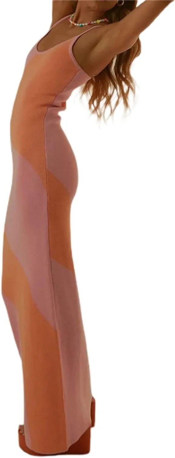 Sexy Knit Bodycon Dress for Women Sleeveless Spaghetti Strap Cut Out Maxi Dress Backless Y2K Summer Beach Dresses